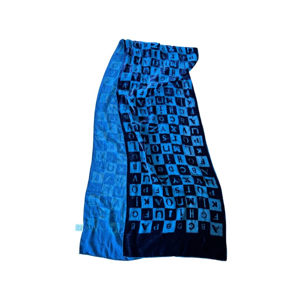 Alphabet blue velour square print silky scarf